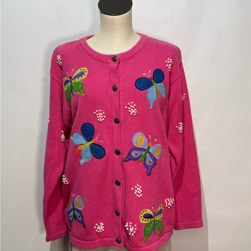 The Quaker Factory Cardigan Sweater Pink Applique Butterflies Metal Buttons M